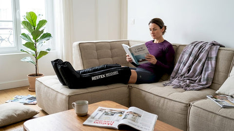 Une femme profite d’une séance de pressothérapie dans un salon baigné de lumière naturelle.