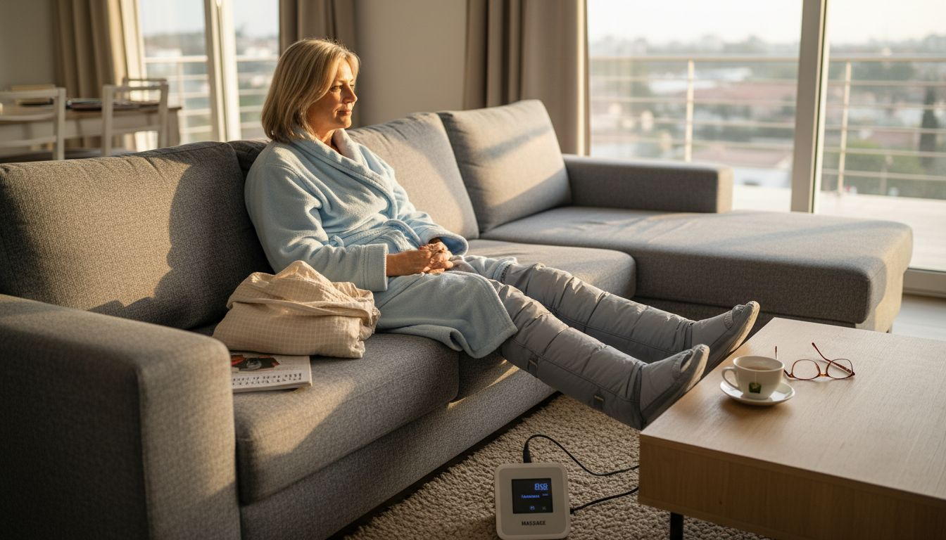 Une femme profite d’une séance de pressothérapie sur ses jambes, confortablement installée chez elle.