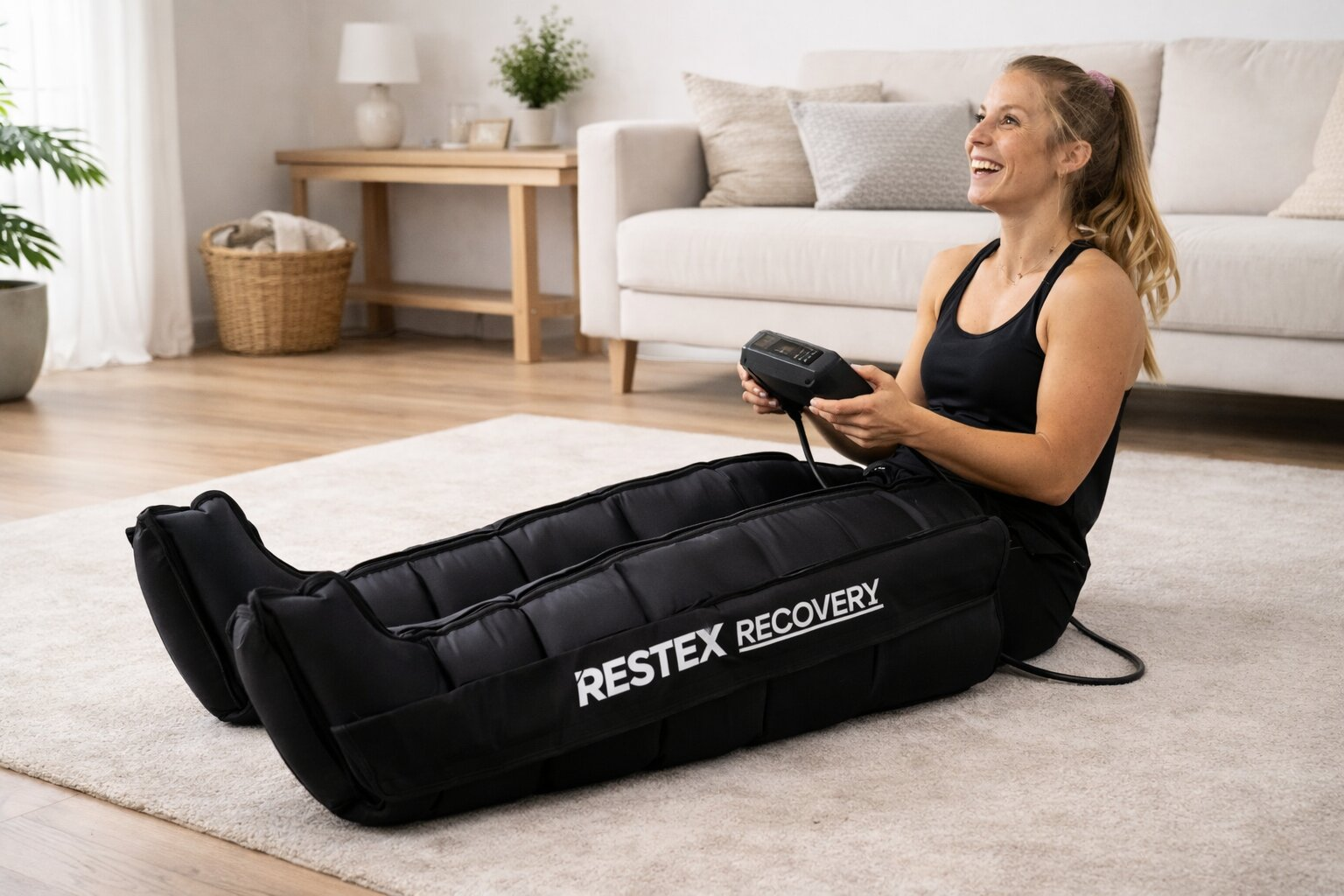 Après une longue journée, une femme prend le temps de se masser les jambes pour se détendre chez elle.