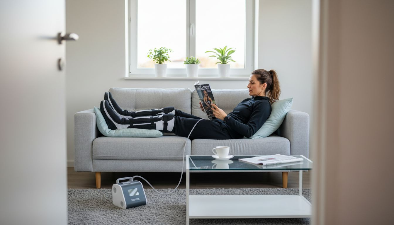 Une femme profite d'une séance de pressothérapie dans le confort de son salon.