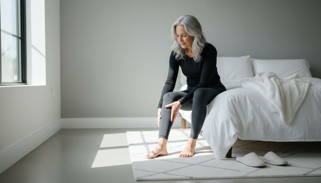 Une femme assise sur son lit prend soin de ses jambes fatiguées en se massant doucement.