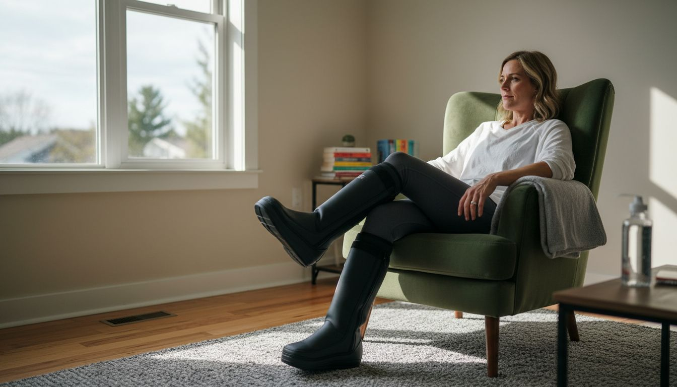 Une femme profite d’une séance de pressothérapie, confortablement installée dans un salon baigné de lumière.