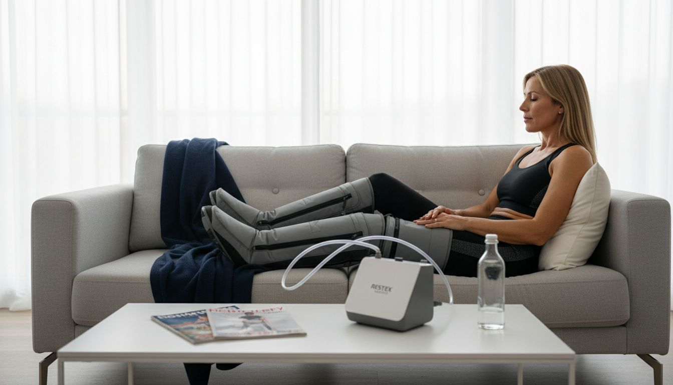 Une femme profite d'une séance de pressothérapie chez elle grâce à des bottes spécialisées.