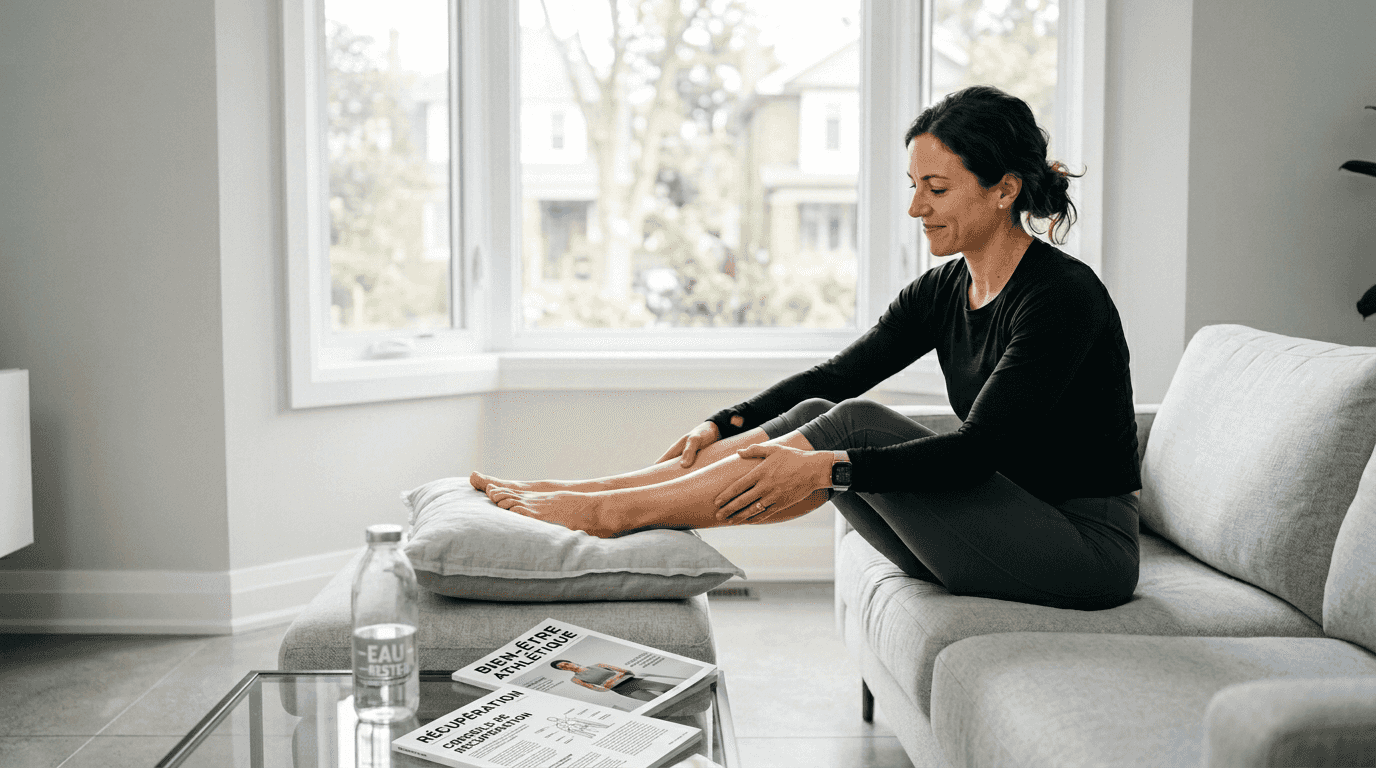 Une femme prend soin de ses jambes en se massant tranquillement chez elle.