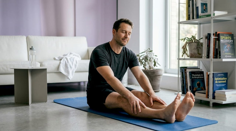 Après sa séance de sport à la maison, cet homme prend le temps de s’étirer pour favoriser sa récupération.